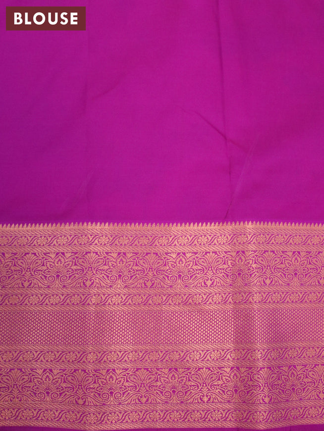 Bangalori silk saree mango yellow and purple with allover kalamkari prints & copper zari weaves and long copper zari woven border