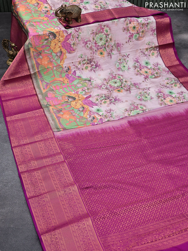 Bangalori silk saree pastel pink shade and purple with allover kalamkari prints & copper zari weaves and long copper zari woven border