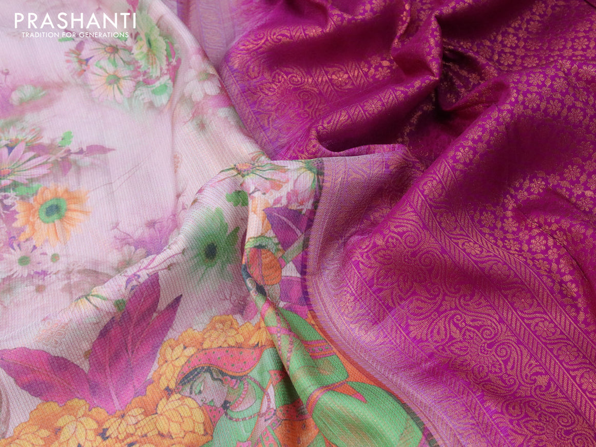 Bangalori silk saree pastel pink shade and purple with allover kalamkari prints & copper zari weaves and long copper zari woven border