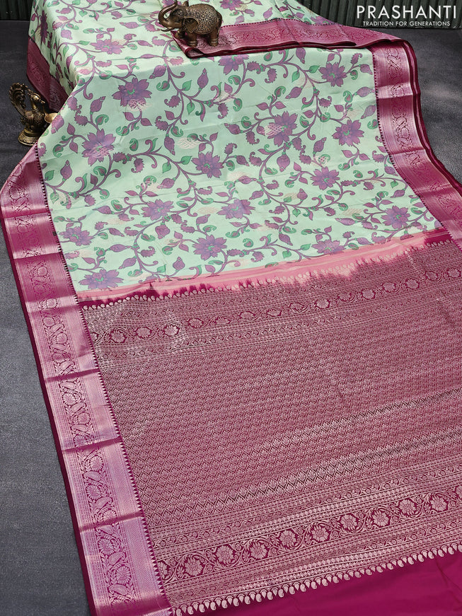 Bangalori silk saree pastel green and magenta pink with allover kalamkari prints & copper zari woven buttas and zari woven border