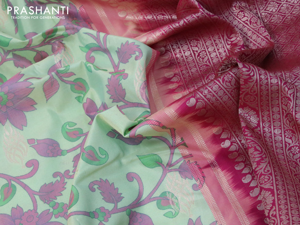 Bangalori silk saree pastel green and magenta pink with allover kalamkari prints & copper zari woven buttas and zari woven border