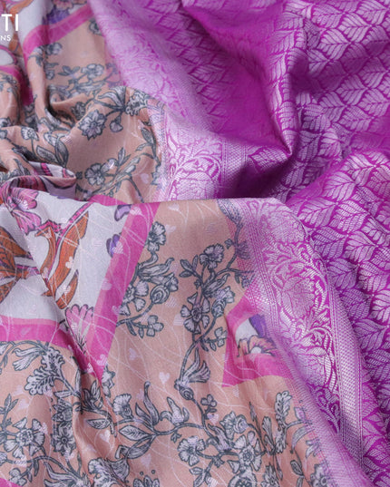 Bangalori silk saree pastel brown and purple with allover kalamkari prints & copper zari weaves and coper zari woven border