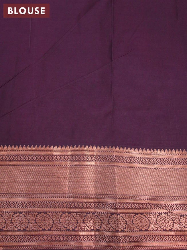 Bangalori silk saree pastel green and wine shade with allover kalamkari prints & copper zari woven buttas and long copper zari woven border