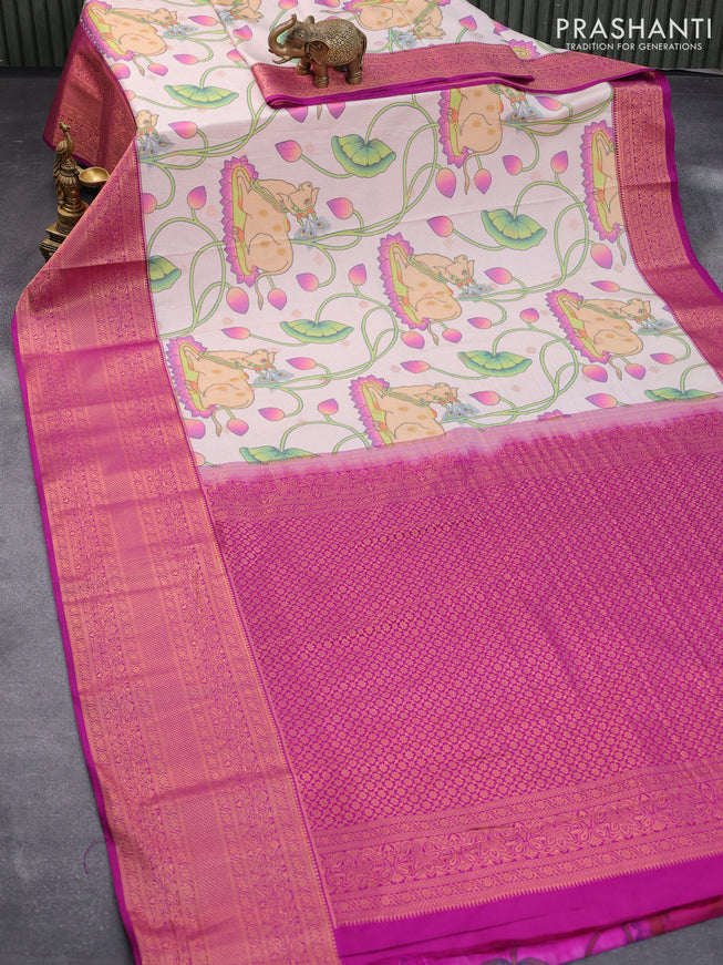 Bangalori silk saree beige and purple with allover pichwai prints & copper zari weaves and long copper zari woven border