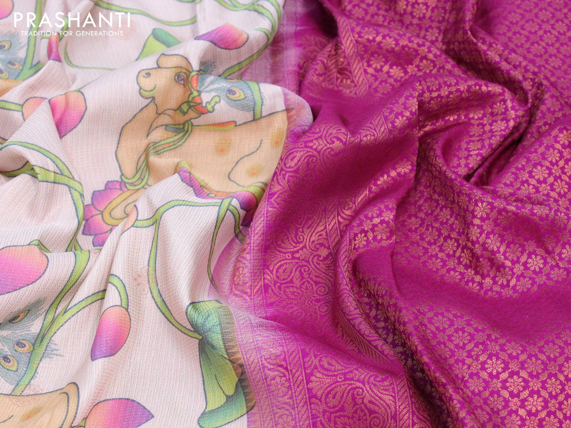 Bangalori silk saree beige and purple with allover pichwai prints & copper zari weaves and long copper zari woven border