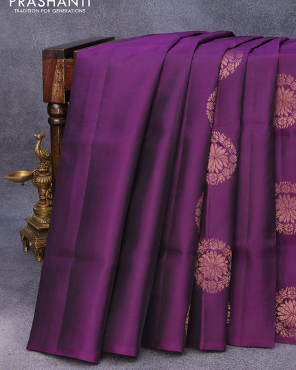 Roopam silk saree deep purple and mustard yellow with copper zari woven floral buttas in borderless style