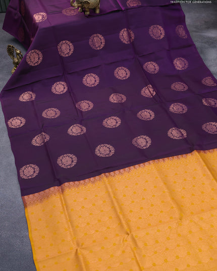 Roopam silk saree deep purple and mustard yellow with copper zari woven floral buttas in borderless style