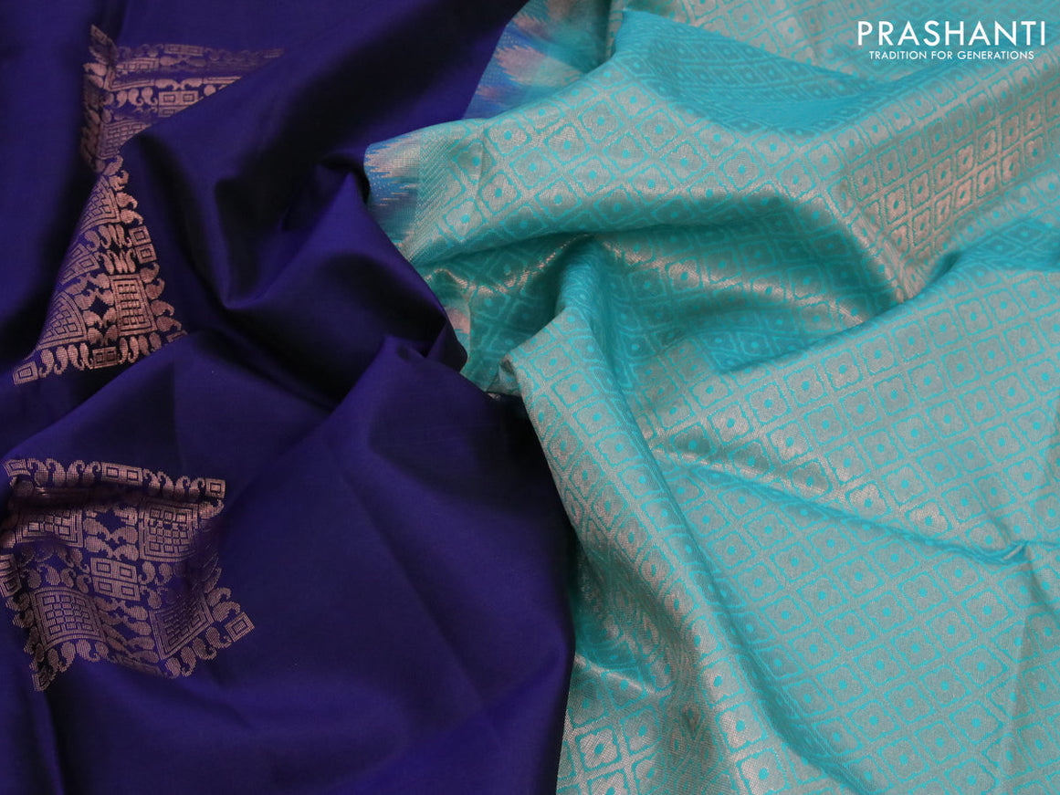 Roopam silk saree navy blue and teal blue with copper zari woven box type buttas in borderless style