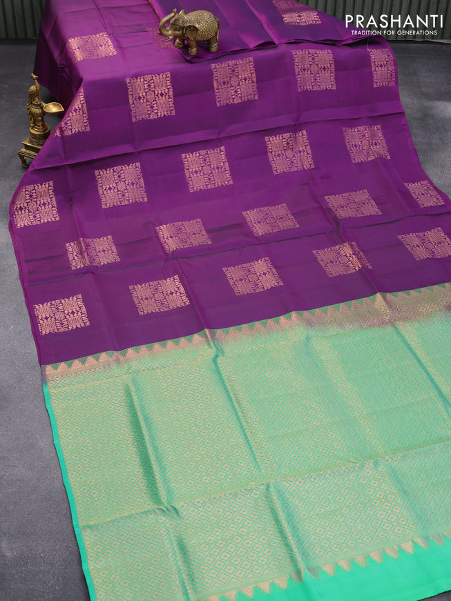 Roopam silk saree violet and teal green with copper zari woven buttas in borderless style