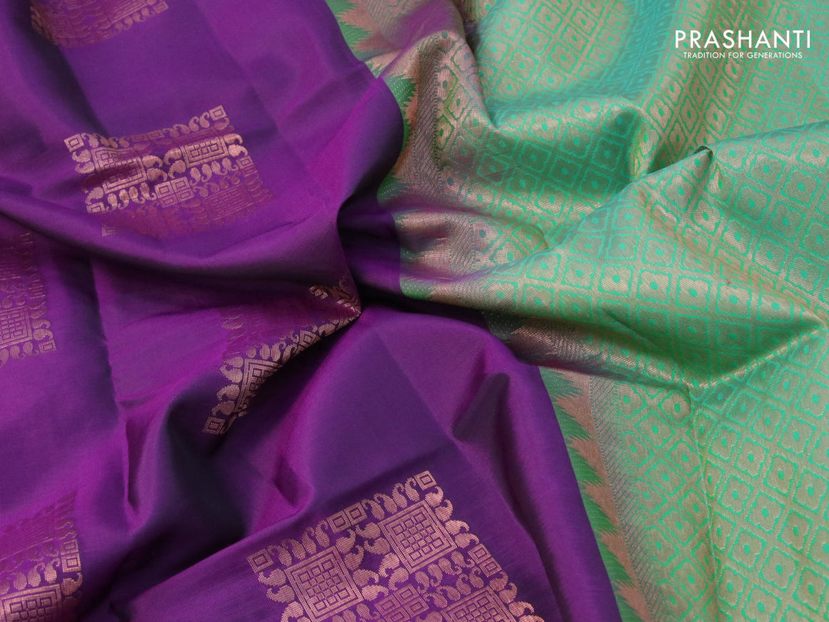 Roopam silk saree violet and teal green with copper zari woven buttas in borderless style