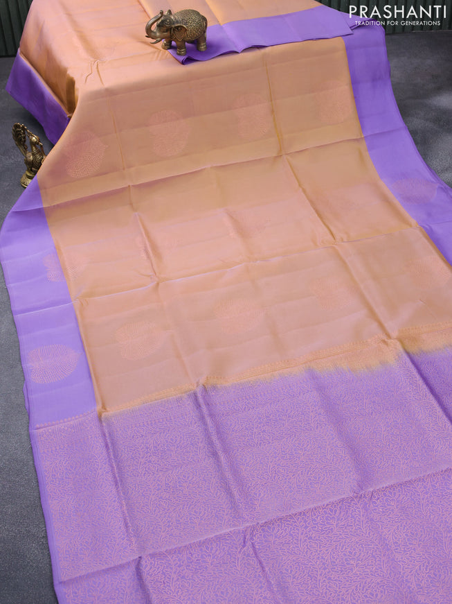 Roopam silk saree dual shade of sandal and lavender with copper zari woven leaf buttas in borderless style