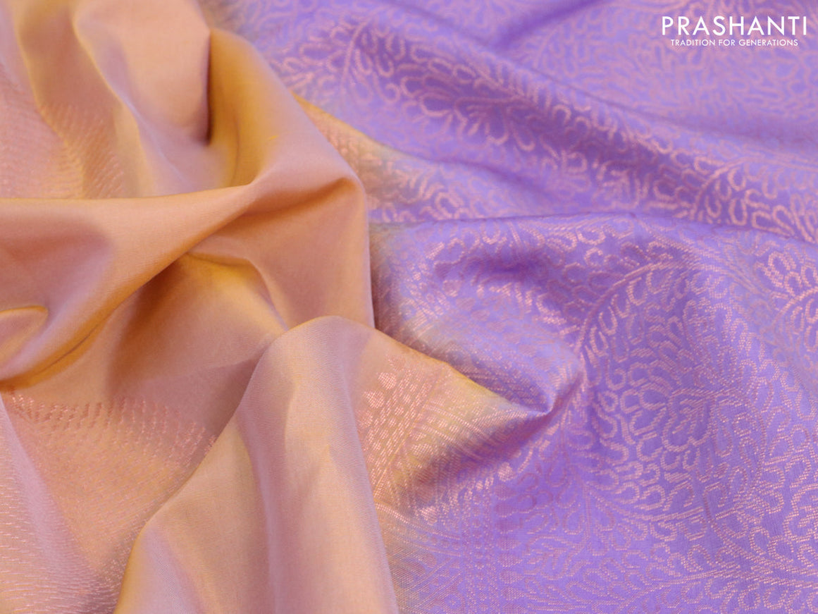 Roopam silk saree dual shade of sandal and lavender with copper zari woven leaf buttas in borderless style