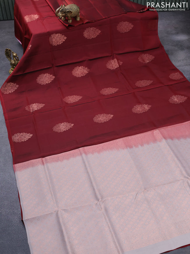 Roopam silk saree maroon and grey shade with copper zari woven buttas in borderless style