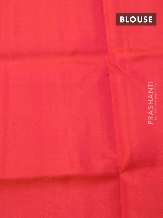 Roopam silk saree bottle green and dual shade of pinkish orange with copper zari woven buttas in borderless style