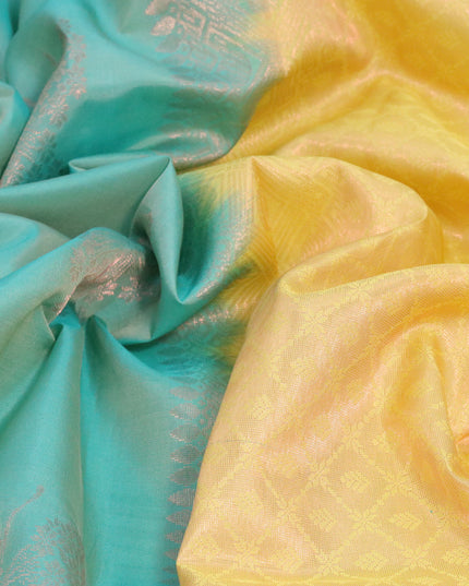 Roopam silk saree teal green and pale yellow with copper zari woven butterfly buttas and copper zari woven butta border