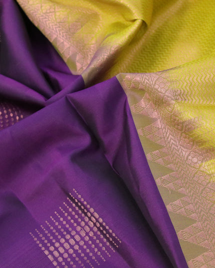 Roopam silk saree violet and lime green with copper zari woven geometric buttas in borderless style
