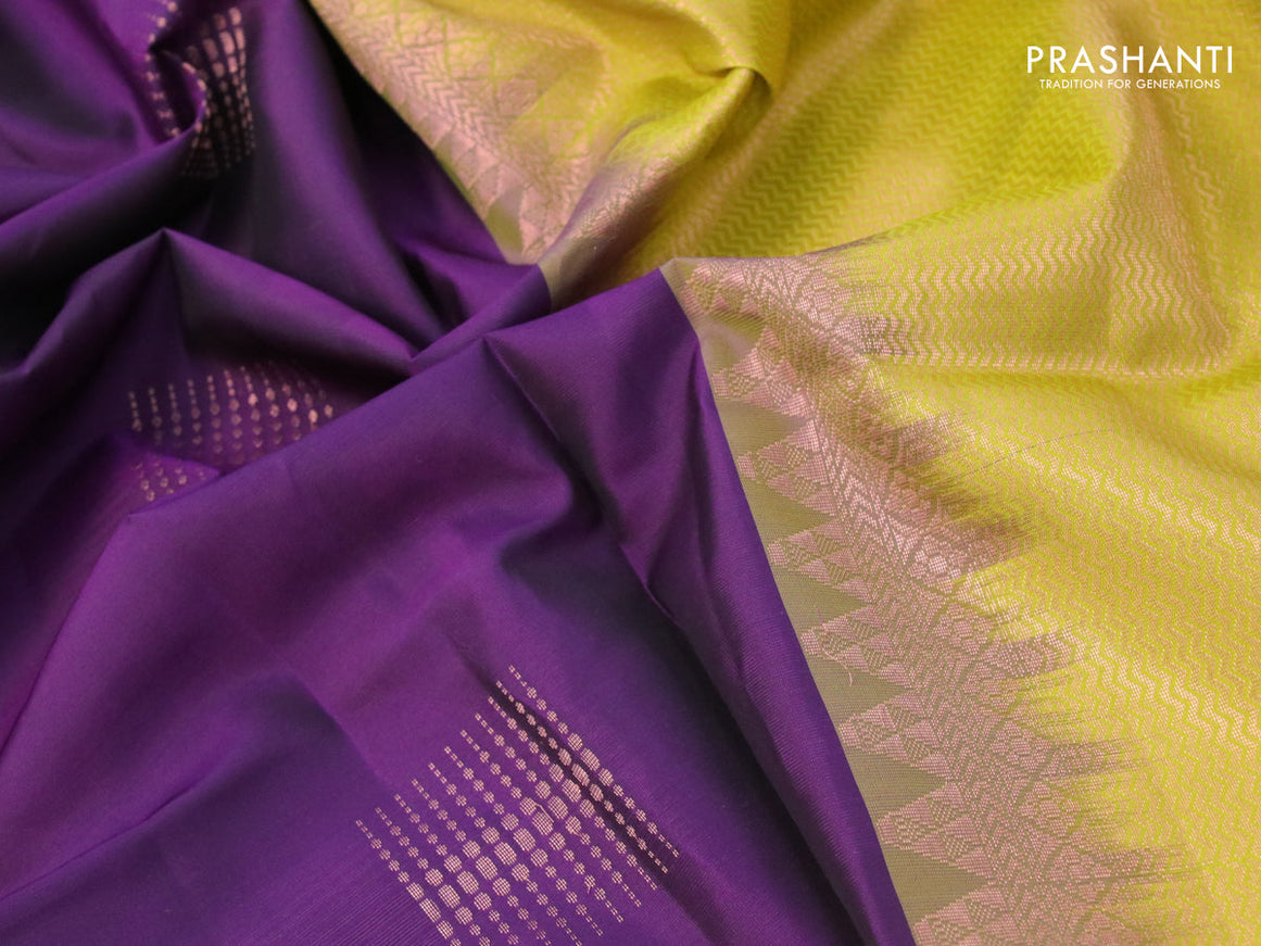 Roopam silk saree violet and lime green with copper zari woven geometric buttas in borderless style