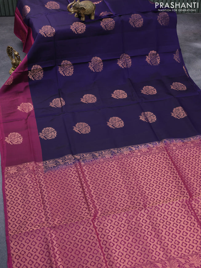 Roopam silk saree navy blue and dark magenta with copper zari woven floral buttas and copper zari woven butta border