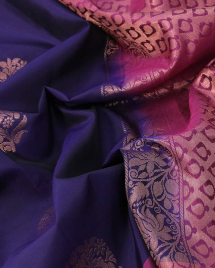 Roopam silk saree navy blue and dark magenta with copper zari woven floral buttas and copper zari woven butta border
