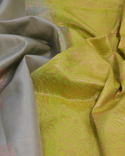 Roopam silk saree grey and lime green with copper zari woven box type buttas in borderless style