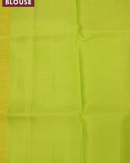 Roopam silk saree grey and lime green with copper zari woven box type buttas in borderless style