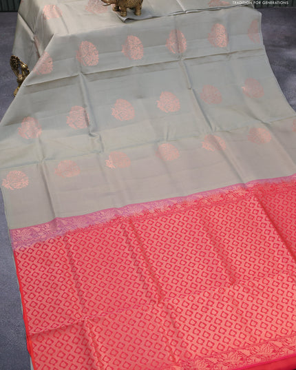 Roopam silk saree grey and dual shade of pink with copper zari woven floral buttas in borderless style