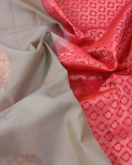 Roopam silk saree grey and dual shade of pink with copper zari woven floral buttas in borderless style