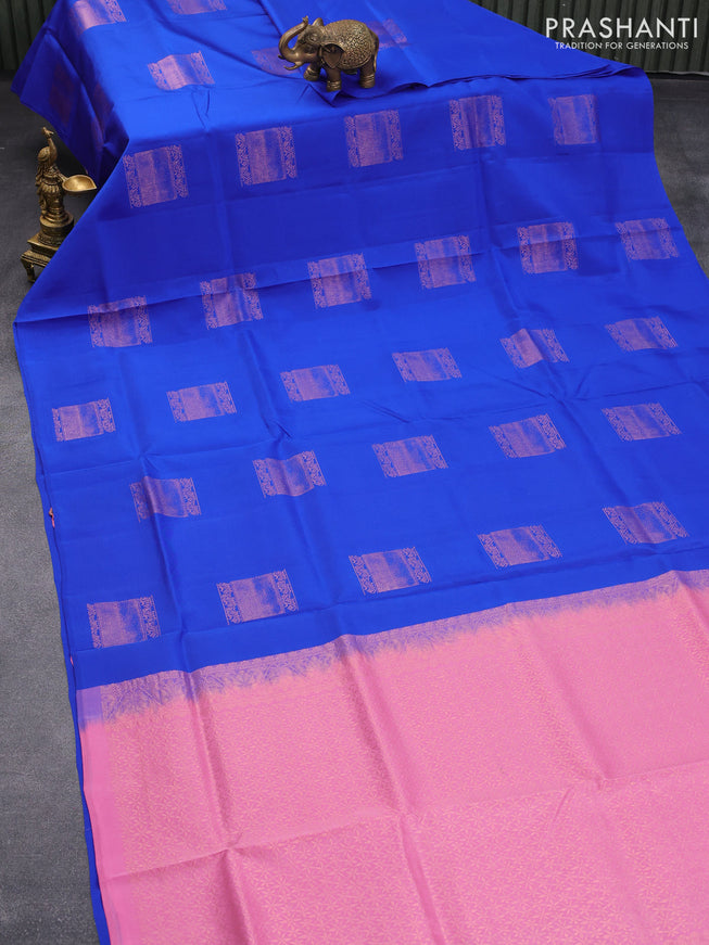 Roopam silk saree royal blue and baby pink with copper zari woven box type buttas in borderless style
