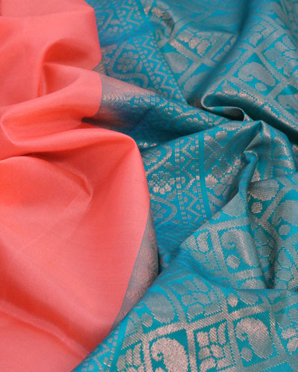 Roopam silk saree peach orange and peacock green with copper zari woven buttas in borderless style