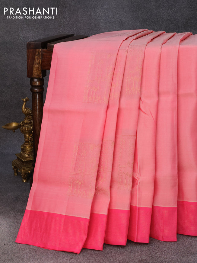 Roopam silk saree peach pink and pink with copper zari woven geometric buttas and copper zari woven border