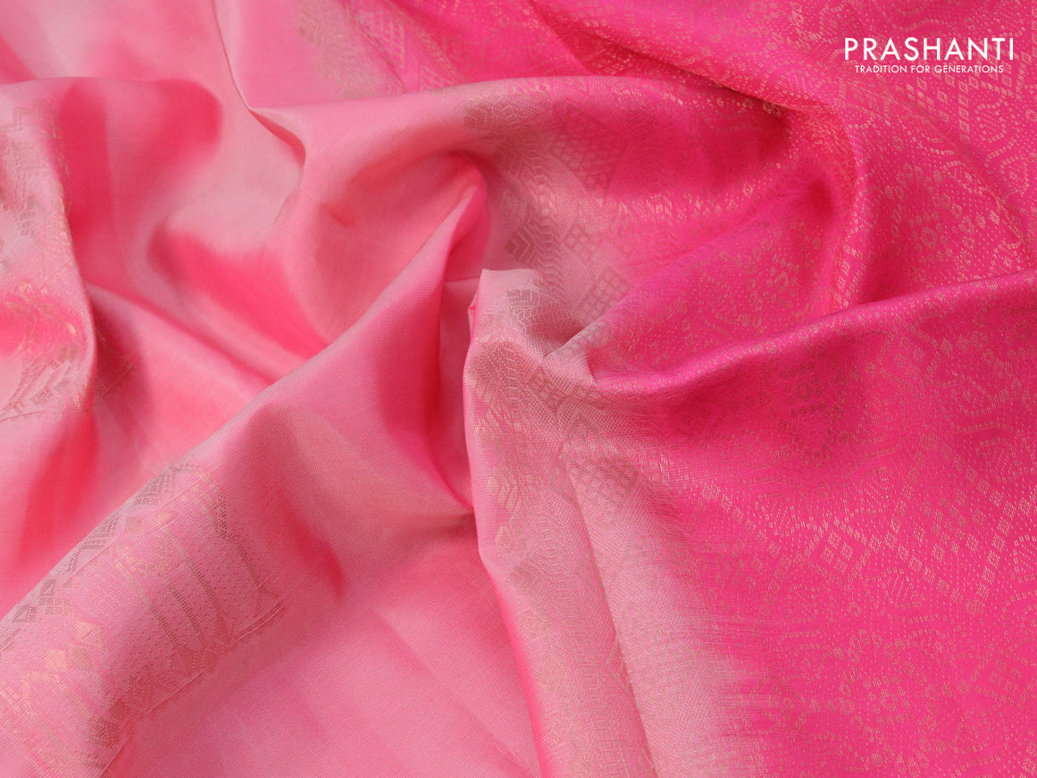Roopam silk saree peach pink and pink with copper zari woven geometric buttas and copper zari woven border