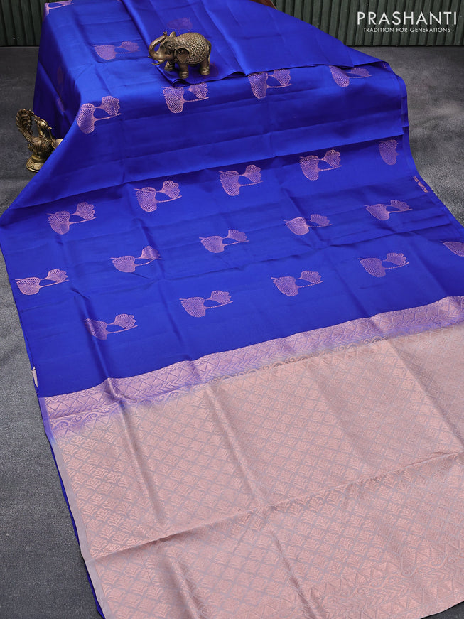 Roopam silk saree cs blue and grey with copper zari woven leaf buttas in borderless style