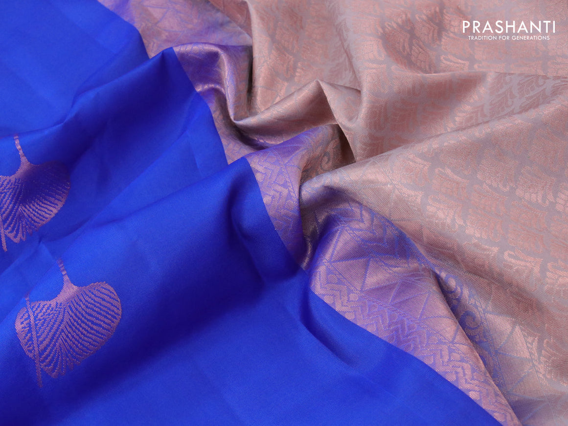 Roopam silk saree cs blue and grey with copper zari woven leaf buttas in borderless style