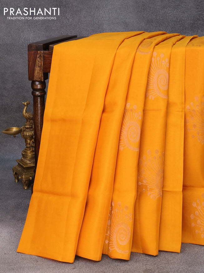 Roopam silk saree mustard yellow and grey shade with copper zari woven buttas in borderless style