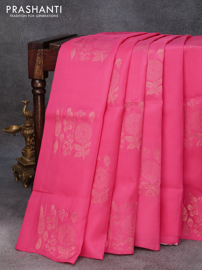 Roopam silk saree candy pink and rosy brown with copper zari woven buttas in borderless style