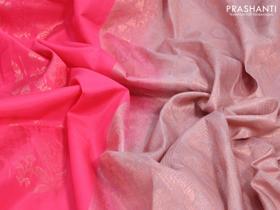 Roopam silk saree candy pink and rosy brown with copper zari woven buttas in borderless style