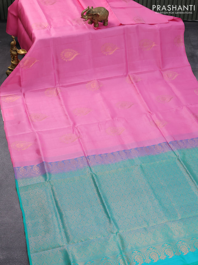 Roopam silk saree light pink and teal green with copper zari woven buttas in borderless style