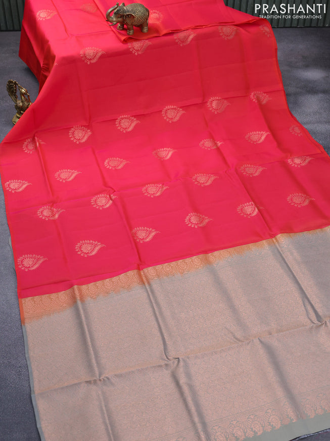 Roopam silk saree dual shade of pink and grey with copper zari woven buttas in borderless style