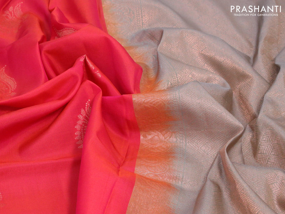 Roopam silk saree dual shade of pink and grey with copper zari woven buttas in borderless style
