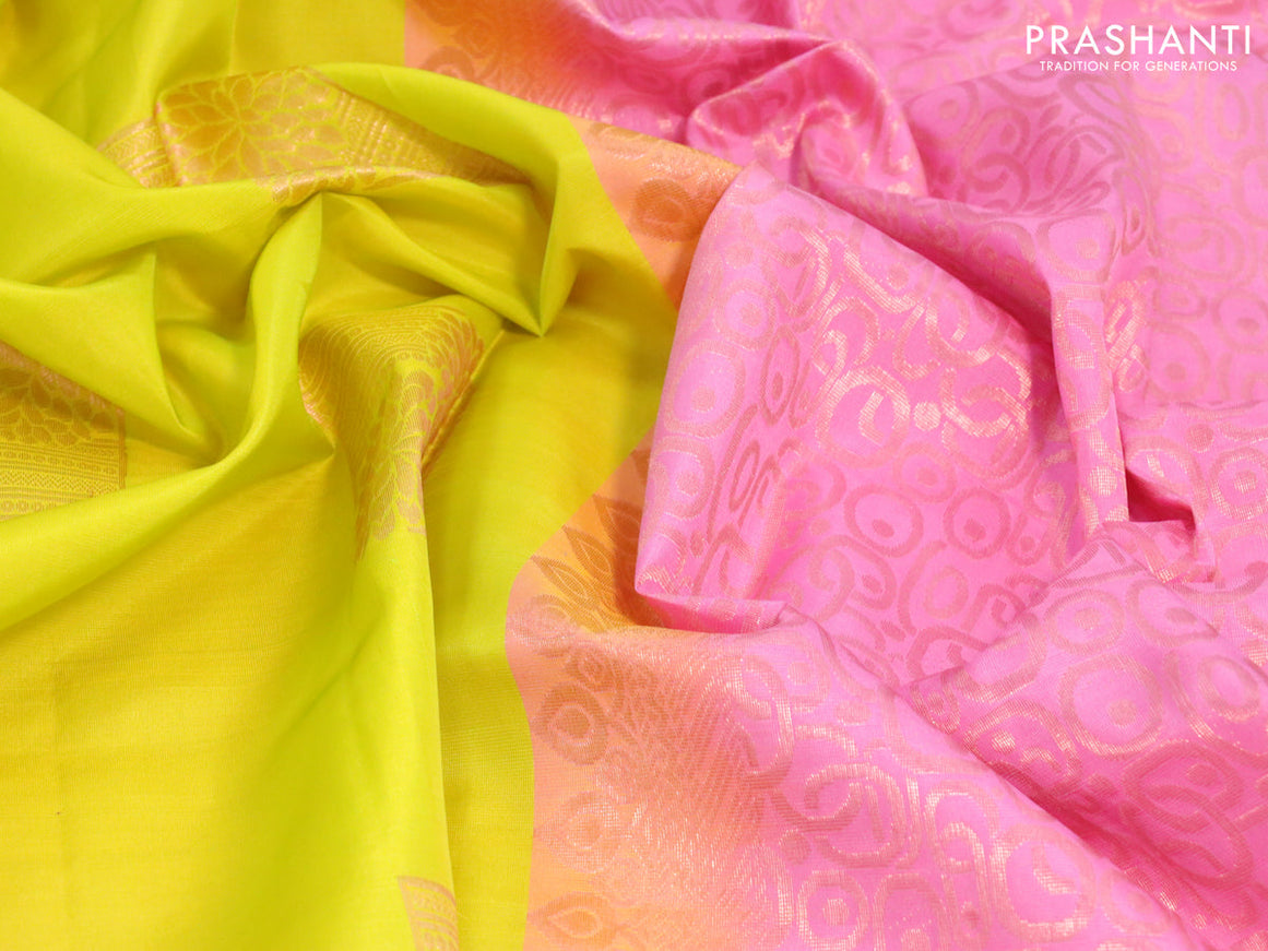 Roopam silk saree lime yellow and light pink with copper zari woven box type buttas in borderless style