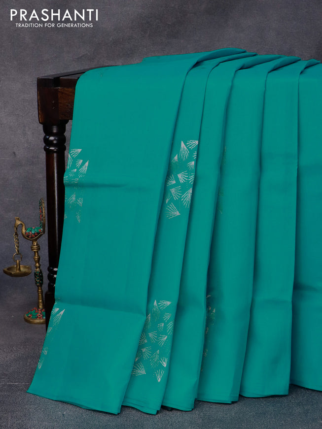 Roopam silk saree teal blue and bottle green with copper zari woven buttas in borderless style