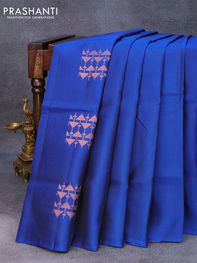 Roopam silk saree blue and pink with copper zari woven geometric buttas in borderless style