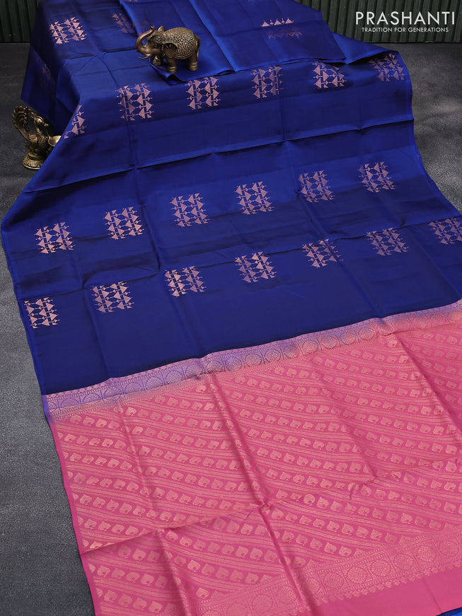 Roopam silk saree blue and pink with copper zari woven geometric buttas in borderless style
