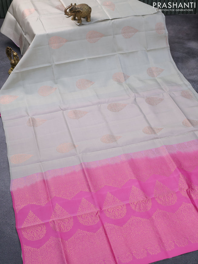 Roopam silk saree grey and pink with copper zari woven buttas in borderless style