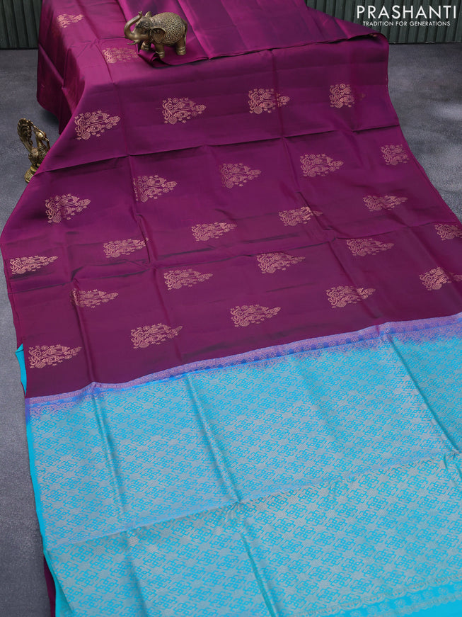 Roopam silk saree dark magenta and teal green with copper zari woven buttas in borderless style