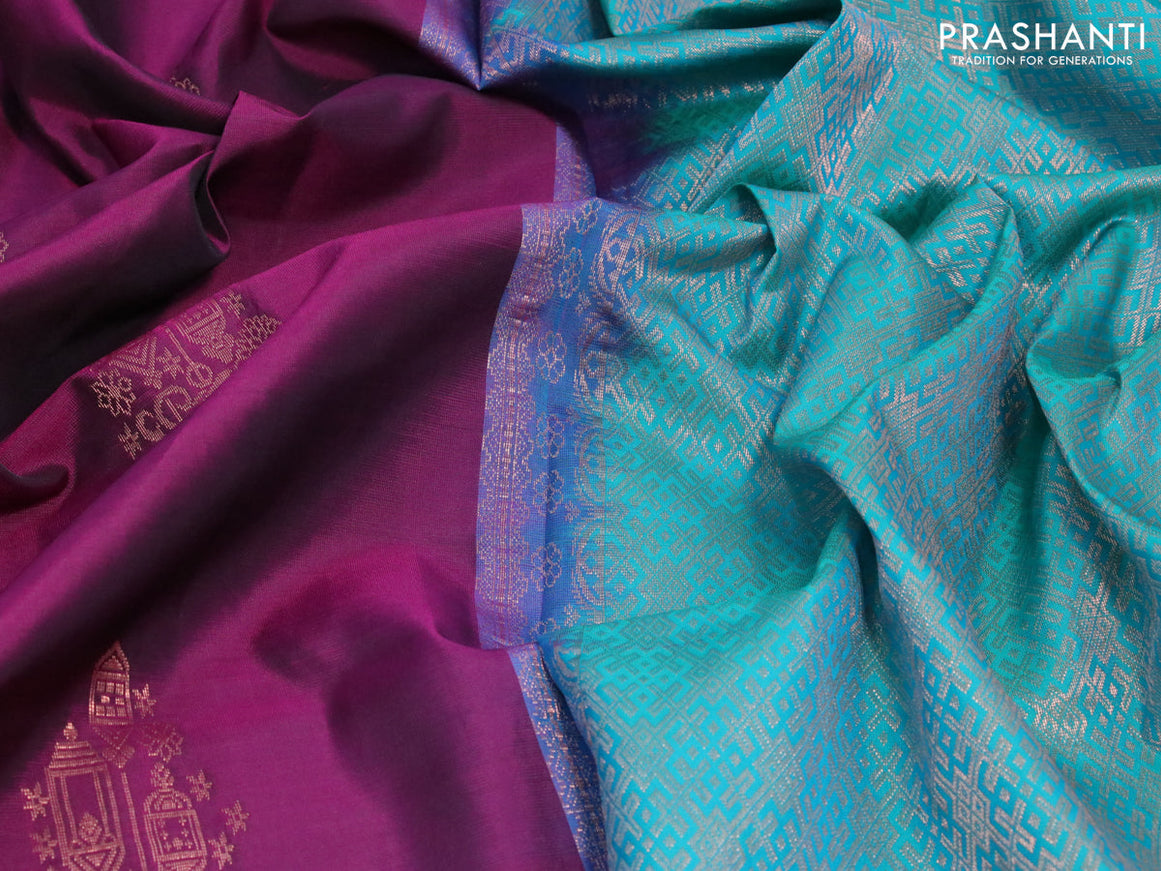 Roopam silk saree dark magenta and teal green with copper zari woven buttas in borderless style
