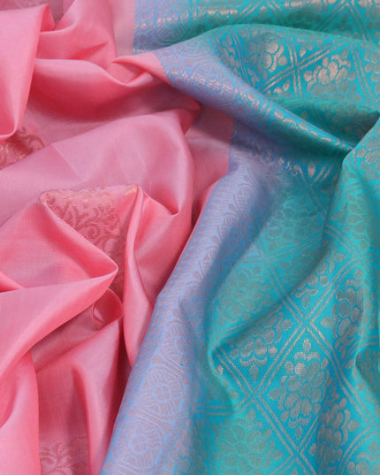 Roopam silk saree light pink and dual shade of teal blue with copper zari woven paisley buttas in borderless style