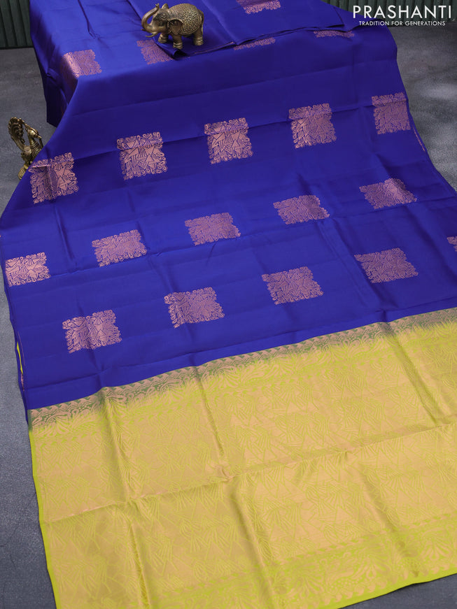 Roopam silk saree blue and lime green with copper zari woven box type buttas in borderless style