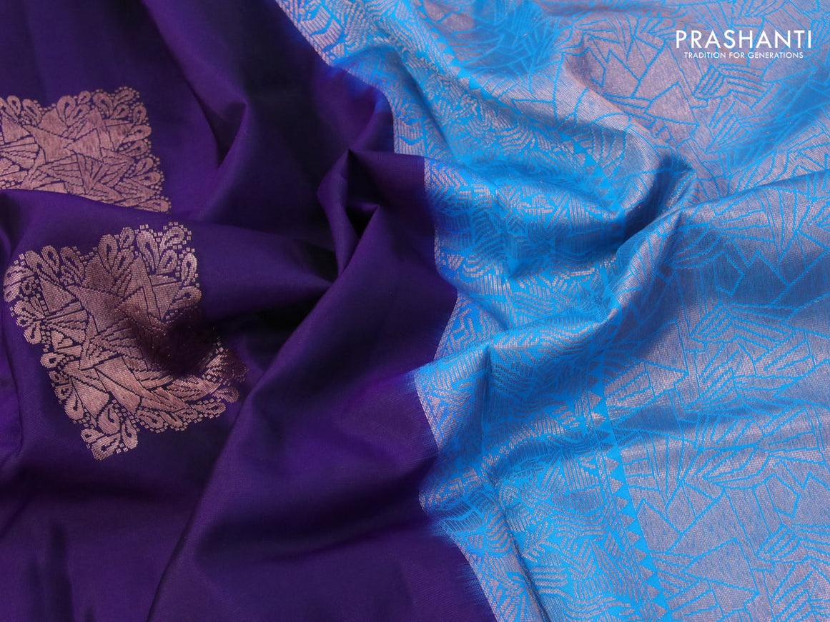 Roopam silk saree violet and cs blue with copper zari woven buttas in borderless style