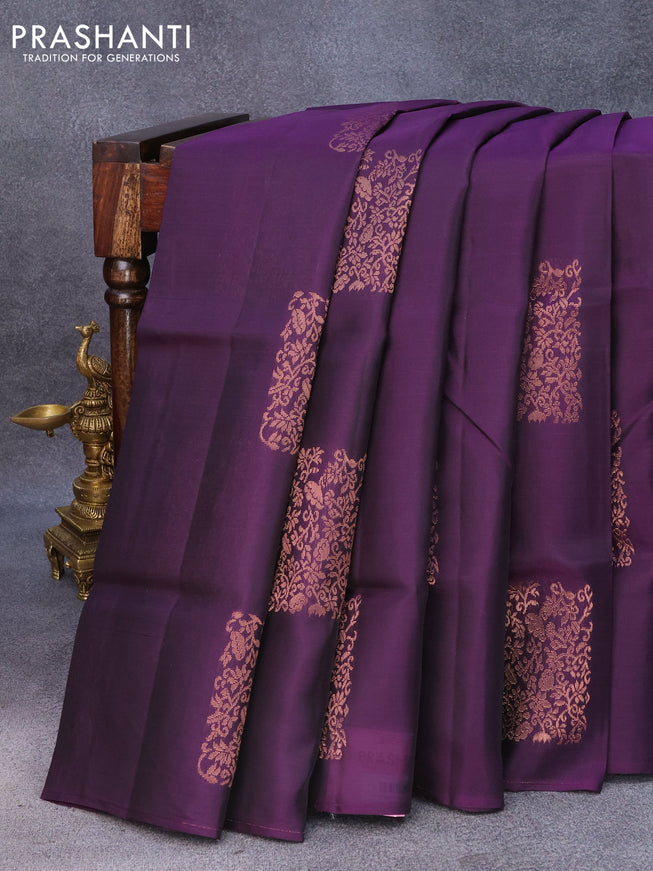 Roopam silk saree deep violet and grey shade with copper zari woven buttas in borderless style